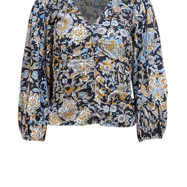 Veronica Beard - Black w/ Yellow & Blue Floral Print Poplin Blouse Sz 0