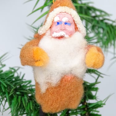 Antique Small 1940's Santa Christmas Ornament Hand Painted Clay Face, Cotton Beard, Spun Cotton Hands & Legs 