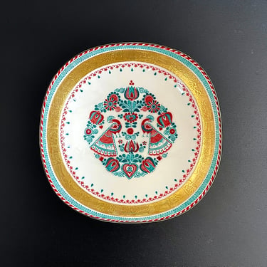 Vintage Steinböck-Email Enamel Trinket Bowl - 24 karat gold, Turquoise Red Peacocks, Yellow Decor, Austria, Collectible, Jewelry Ring Dish 