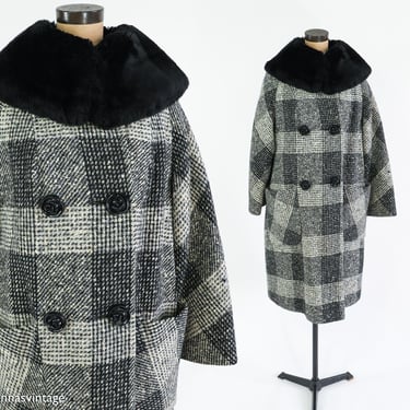1960s Gray Plaid Tweed Wool Coat | 60s Black & Gray Fur Collar Coat | Large 