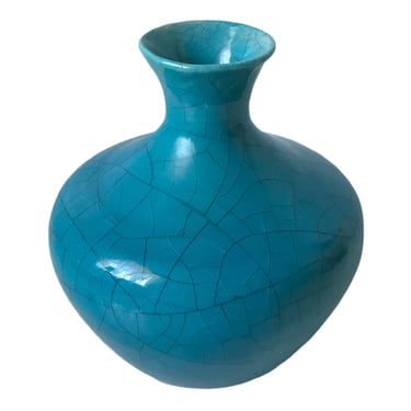Vintage Signed LACHENAL Egyptian Blue Turquoise Crackle Glaze Stoneware Pottery Art Vase | circa 1930’s Fine Ceramic Vase 