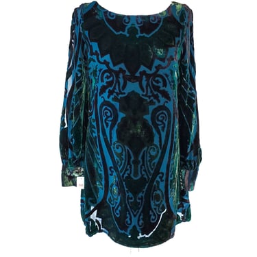 Hale Bob Teal Black Velvet Silk Tunic Top Dress Open Long Sleeve NWT Velour XS 