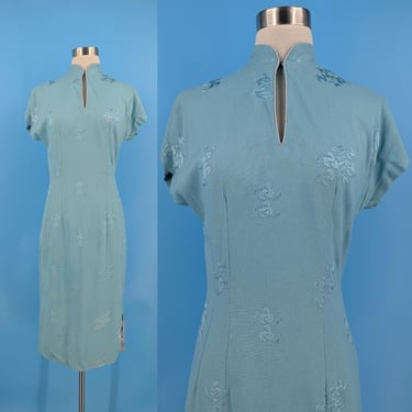 Vintage Sixties Small Lilli Diamond Chenogsam Style Blue Sheath Dress -60s Short Sleeve Midi Dress 