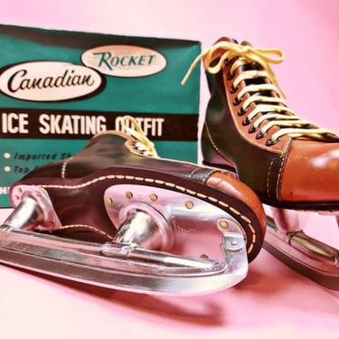 Deadstock 1960s ice skates. New with box. Brown & black leather with yellow laces. Canadian Rocket. Spectacular mod! (M10/W11.5) 