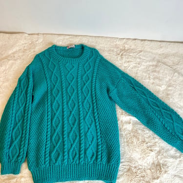 vintage plus size cable knit sweater // plus size 90s vintage teal sweater // handmade chunky slouchy knit / size 16 size 18 size 20 size 22 