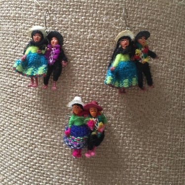 Handmade Miniature Mexican or Peruvian Dolls | Pair of Earrings & Brooch 