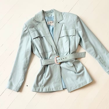 1980s Lillie Rubin Belted Ice Blue Leather Jacket 
