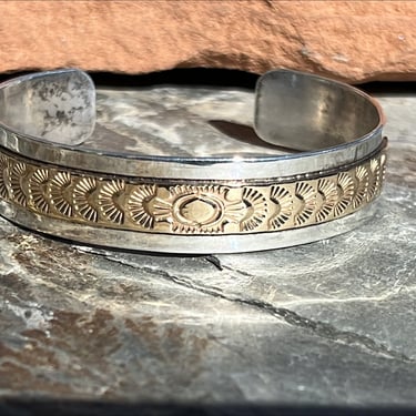 Vintage Native American Sterling and Gold Cuff Bracelet Signed GM 