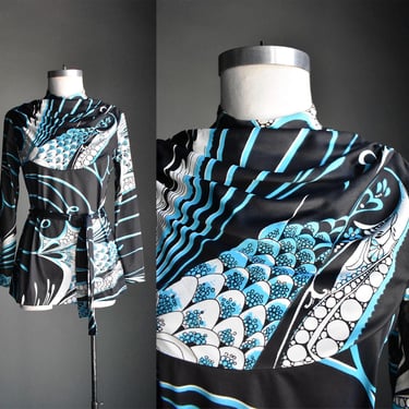Vintage 60s 70s Blouse / Black and Blue Cowl Neckline Blouse / Groovy Vintage Poly Blouse / Longsleeve Blouse with Belt / That 70s Show Top 