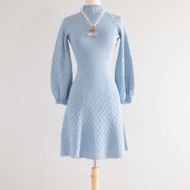 Vintage 1960's Baby Blue Knit Dress With Bishop Sleeves / SM