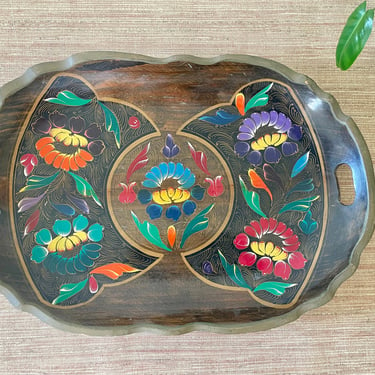 Vintage Mexican Hand Painted Oval Wood Tray - Hand Carved 