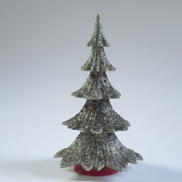 Vintage Putz Christmas Tree, Silver Mica Glitter, Hard Plastic, West Germany 3 1/2 inches High 