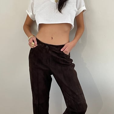 90s suede pants / vintage dark chocolate brown genuine leather suede high rise flat front pants | 30 W 