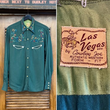 Vintage 1950’s “Las Vegas” Western Cowboy Rayon Gabardine Rockabilly Shirt, 50’s Embroidery, Vintage Clothing 