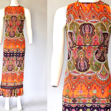 1960s Psychedelic Paisley Maxi Dress with Flounce Hem - Form Fitting - Small 