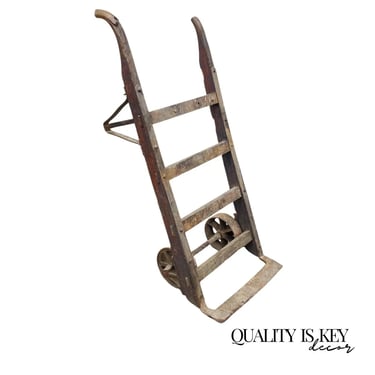 Antique Industrial Modern Vintage Factory Hand Truck Oak Wood and Iron Metal