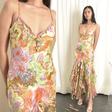 Vintage 2000s Dress / Y2K Diane Freis Floral Silk Ruffled Dress / Green ( XS S M ) 