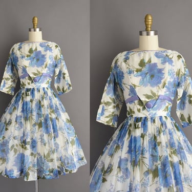 1950s vintage Blue Floral Print Full Skirt Bridesmaid Wedding Dress | Small 