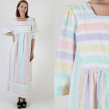 Pastel Striped Zip Up Lounge Caftan, Vintage 70s Vertical Horizontal Lined Print, Loose Bell Sleeve Cover Up Dress 