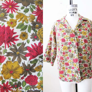 Vintage 60s Floral Womens Blouse S - 1960s Earthy Burgundy Mustard Yellow Collared Cotton Blend Shirt 