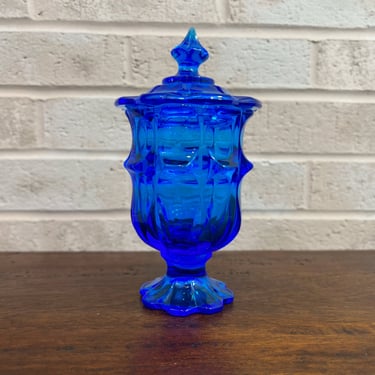 Vintage Fenton Valencia Blue Glass Covered Cigarette Candy Dish with Lid 
