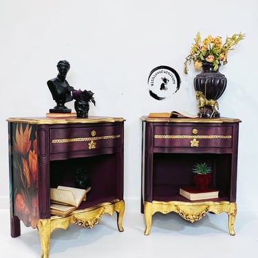 Hollywood Regency Side tables / Gothic Nightstands / Plum and Dark Bedside tables/ colorful tables/ whimsical tables/ Enchanted room 