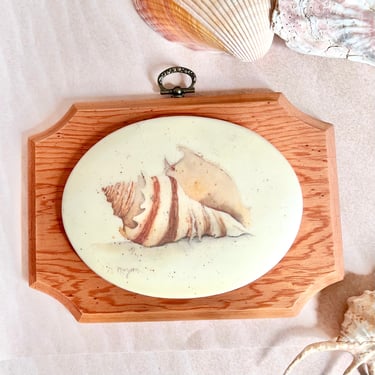 Sea Shell Decor, Hand Painted, Beach Coastal Ceramic Wall Hanging, Wood Frame, Vintage Seaside 