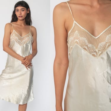 Victoria's Secret Nightgown Off-White Satin Slip Dress Y2K Gold Label Lace Midi Lingerie Vintage 90s Spaghetti Strap 1990s Medium 8 