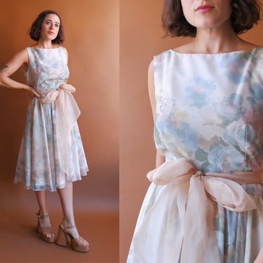Vintage Water Color Tea Dress/ 1950s Style Pastel Sleeveless Floral Dress/ Size Large 