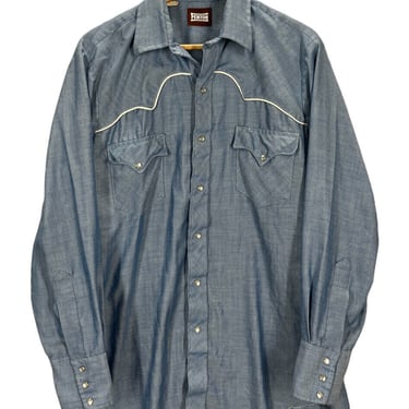 Vintage Fenton Blue Chambray Pearl Snap Western Shirt 16x33 Made in USA
