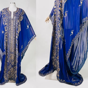Timeless 1930s-1970s Traditional Middle Eastern Caftan in Sheer Royal Blue / Purple w Embroidered Gold Detail O/S | Vintage, Dramatic Train 