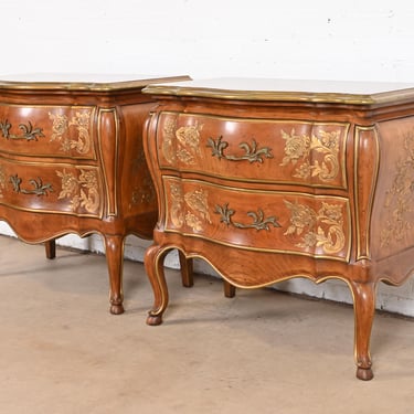 John Widdicomb French Provincial Louis XV Bombay Form Carved Cherry Wood Nightstands, Pair