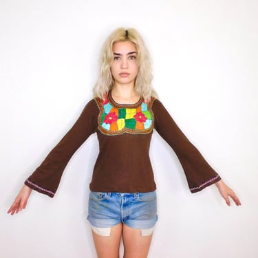 Hand Embroidered Indian Blouse // vintage 70s rainbow long sleeve brown cotton boho hippie hippy // XS/S 