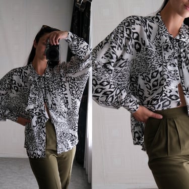 80s Capriccio Black & White Leopard Print Ruffled Collar Dolman Sleeve Button Up Blouse w/ Rose Floral Jacquard Design | 1980s Designer Top 