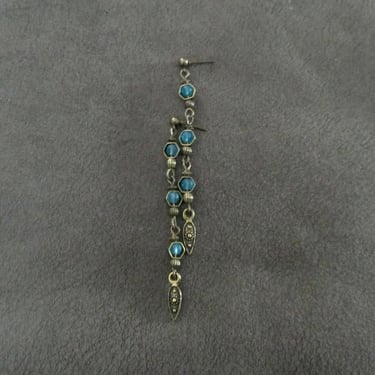 Long bohemian earrings, goddess earrings, bold boho earrings, teal earrings, geometric earrings, artisan bronze 
