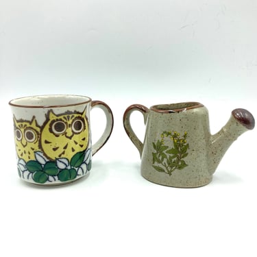 Retro Owl Mug and Vintage Takahashi Small Miniature Ceramic Watering Can, 70s Decor, Made in Japan, Speckled, Brown, Yellow, Green Stoneware 