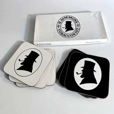 Set of 6 Vintage Coasters, Table Mats - Boxed Set, H. Simmons Tobacconist, Corked, made in England UK, Man Cave or Pub decor, Black White 