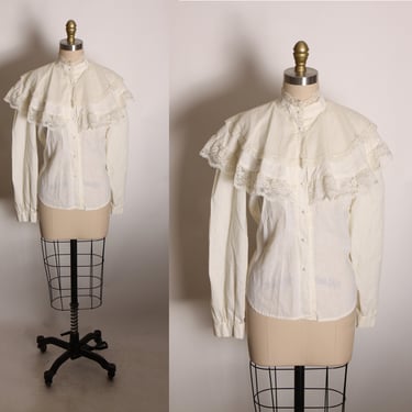 1970s Cream Off White Ruffle Lace Button Up Long Sleeve Prairie Blouse by California Connection, Inc. -L 
