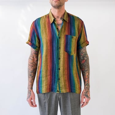 Vintage 80s Missoni for Neiman Marcus Linen Rainbow Stripe Short Sleeve Shirt | Made in Italy | 100% Linen | 1980s Italian Designer Shirt 
