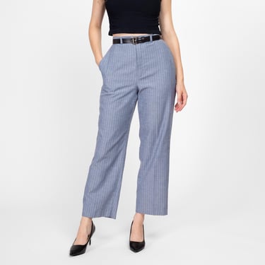 Medium 70s Slate Blue Pinstriped Pants 29" | Vintage High Waisted Flat Front Straight Leg Trousers 