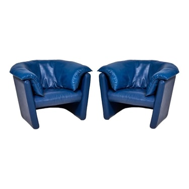 Post Modern Blue Leather Barrel Lounge Chairs, 1980