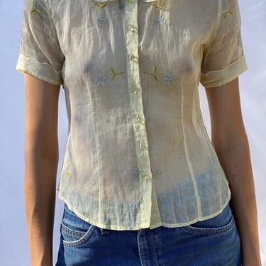 Sheer Vintage Blouse / y2k Vintage Floral Embroidered Blouse / Pastel Short Sleeves Button Up Shirt / Semi Sheer Lace Blouse 50's Style Top 