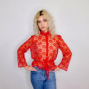 Valentine Lace Blouse // vintage 70s 80s dress red boho hippie 1970s hippy Victorian high waist sheer holiday party formal // S Small 