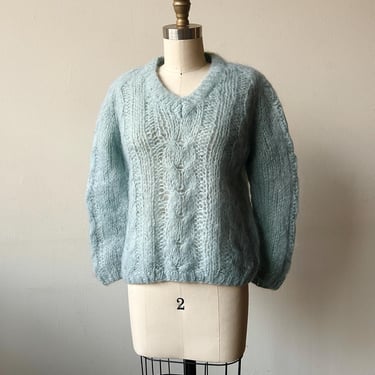 6458t / hand knit 1960s pink italian mohair cable knit v neck sweater / s / m 