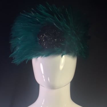 Vintage Emerald Green Feather Hat with Black Glitter Rose by Chanel