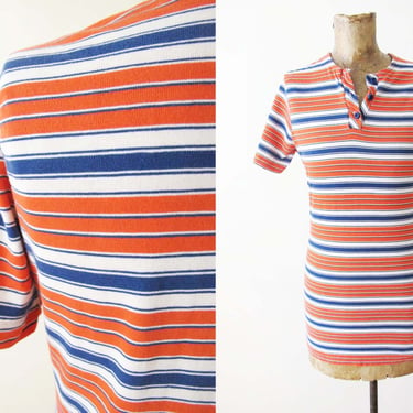 Vintage 70s Striped Shirt S - 1970s Multicolor Stripe Cotton T Shirt - Red Blue White Henley Long Tee Shirt 