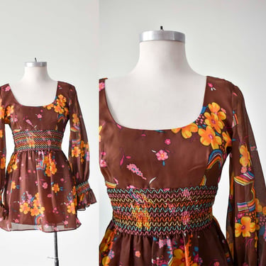 1970s Brown Mini Dress / 1970s Brown Floral Dress / Vintage Floral Skater Dress / 1970s Cocktail Party Dress XS 