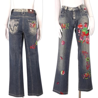 Y2k ANTIK DENIM embroidered jeans 31 / vintage 2000s bird flower folk embroidered pants / low rise jeans 