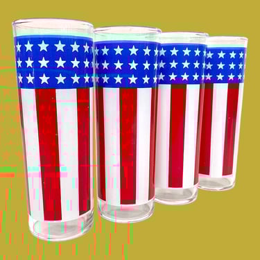 Vintage Libbey American Flag Highballs Retro 1970s Mid Century Modern + Clear Glass + Red/White/Blue + Stars/Stripes + Set of 4 + USA + Bar 