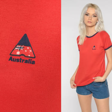 Australia T Shirt 80s Red Ringer Tee Retro Soft Raglan Sleeve T-Shirt Hipster Tourist Australian Flag Graphic Top Vintage 1980s Small S 